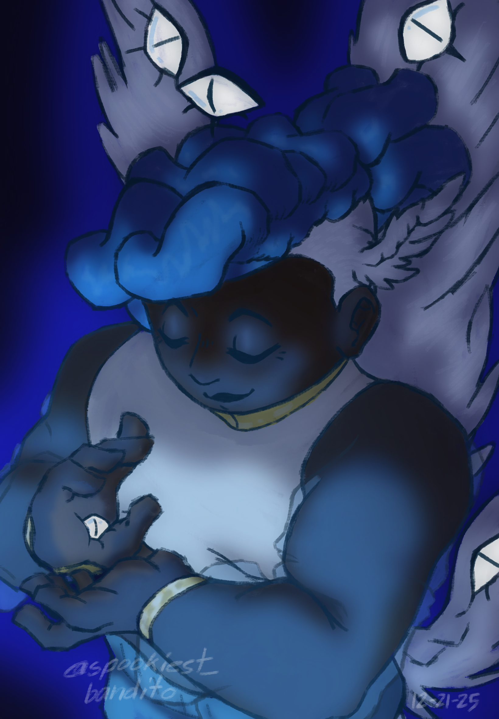 Angel (2025). A drawing depicting an original interpretation of an angel. A humanoid with blue dreadlocks and a flowy outfit is pictured. His wings are spread and his eyes are closed. He is holding his hands in a particular way.